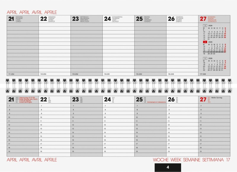 Glocken Schreibtisch-Kalender 2026 1 Woche auf 2 Seiten Querformat Grau Deutsch, Englisch, Französisch, Italienisch 29,7...