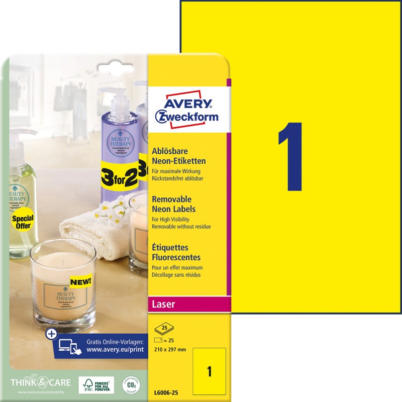 AVERY Zweckform L6006-25 Etiketten DIN A4 Neongelb 210 x 297 mm 25 Blatt à 1 Etiketten