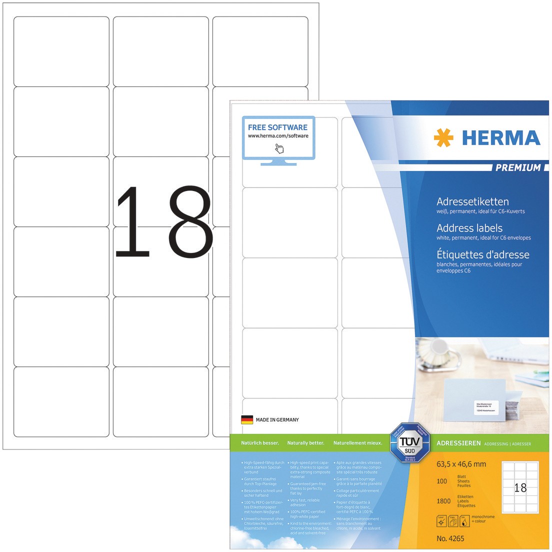HERMA Adressetiketten 7025 Weiß DIN A4 63,5 x 46,6 mm 100 Blatt à 18 Etiketten