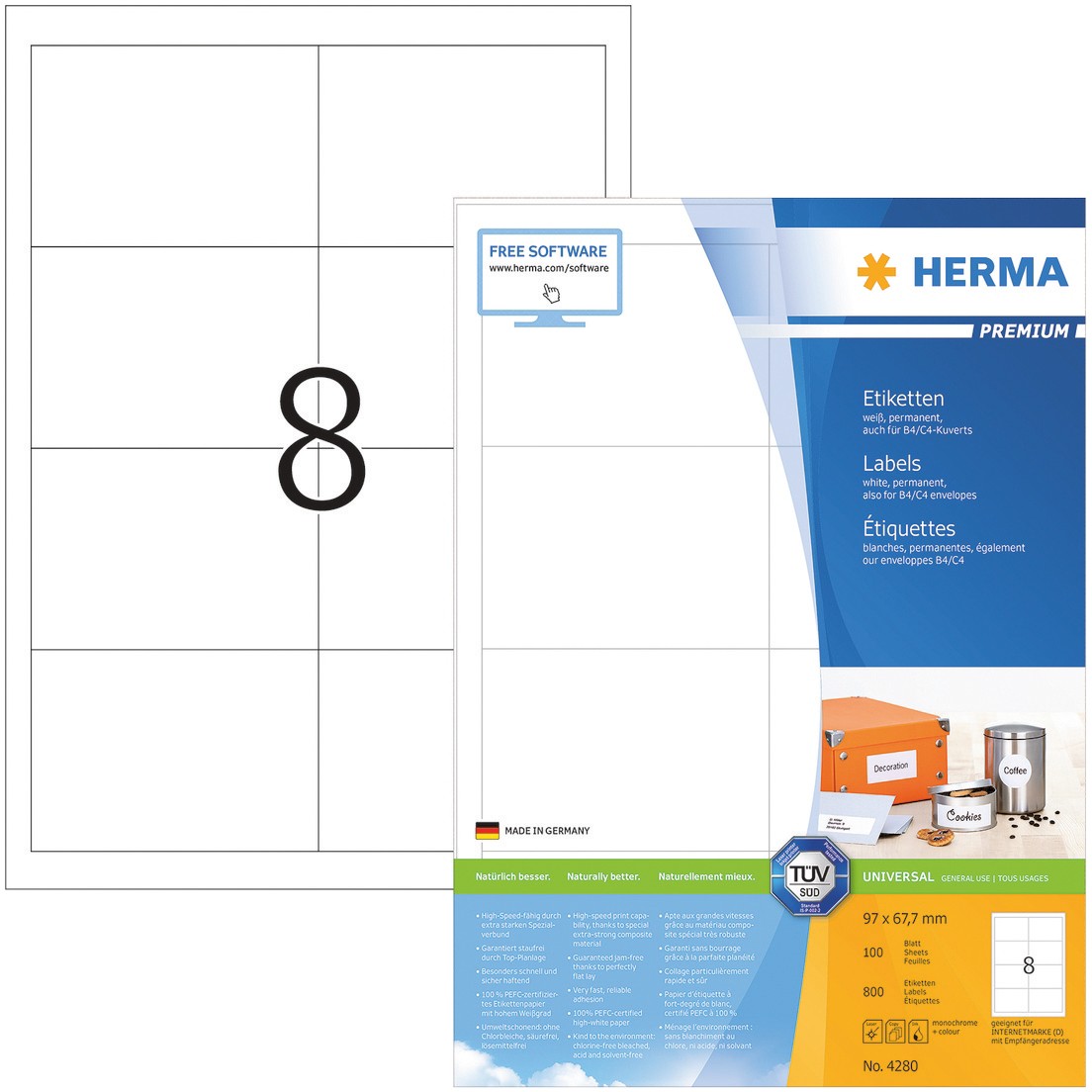HERMA Universaletiketten 4280 Weiß DIN A4 97 x 67,7 mm 100 Blatt à 8 Etiketten SP-4280