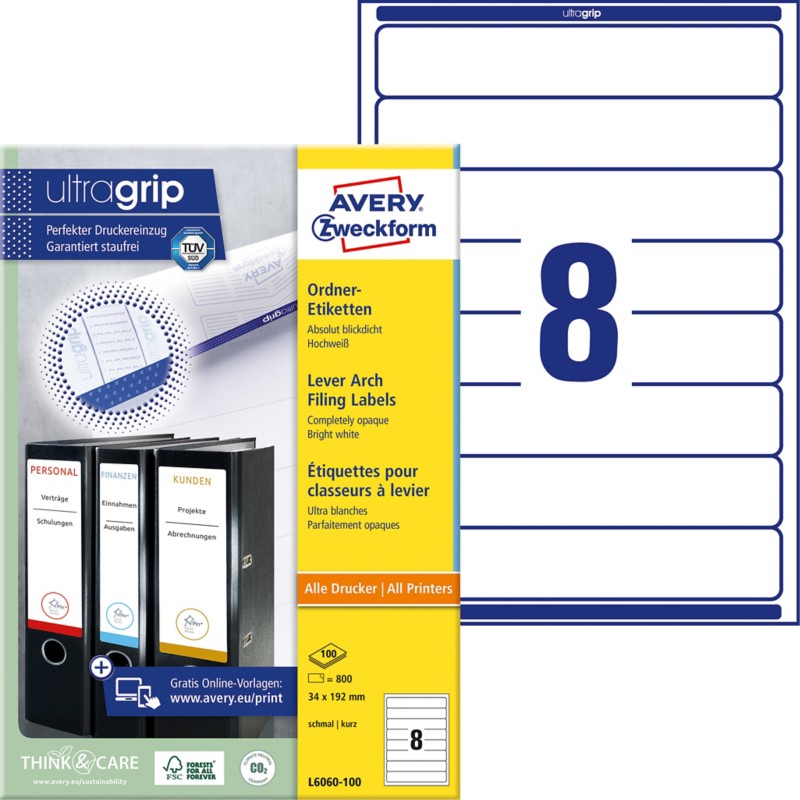 AVERY Zweckform Ordneretiketten L6060-100 Weiß DIN A4 3,4 x 19,2 cm 100 Blatt à 8 Etiketten
