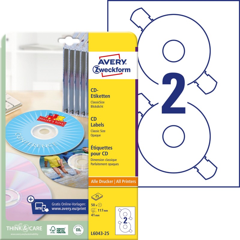 AVERY Zweckform CD/DVD Etiketten L6043-25 haftend DIN A4 Weiß 25 Blatt à 2 Etiketten