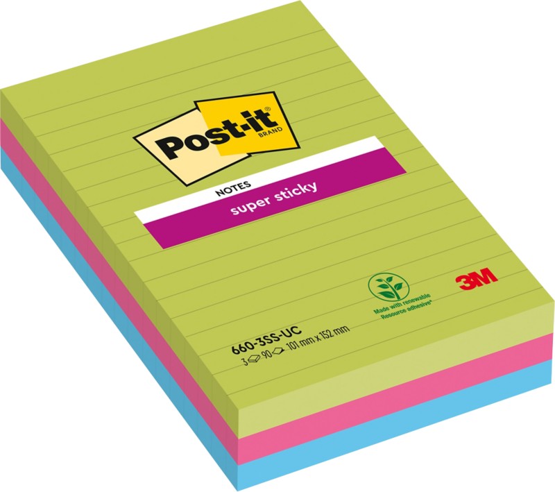 Post-it Haftnotizen 101 x 152 mm Farbig sortiert Rechteckig Liniert 3 Stück à 90 Blatt