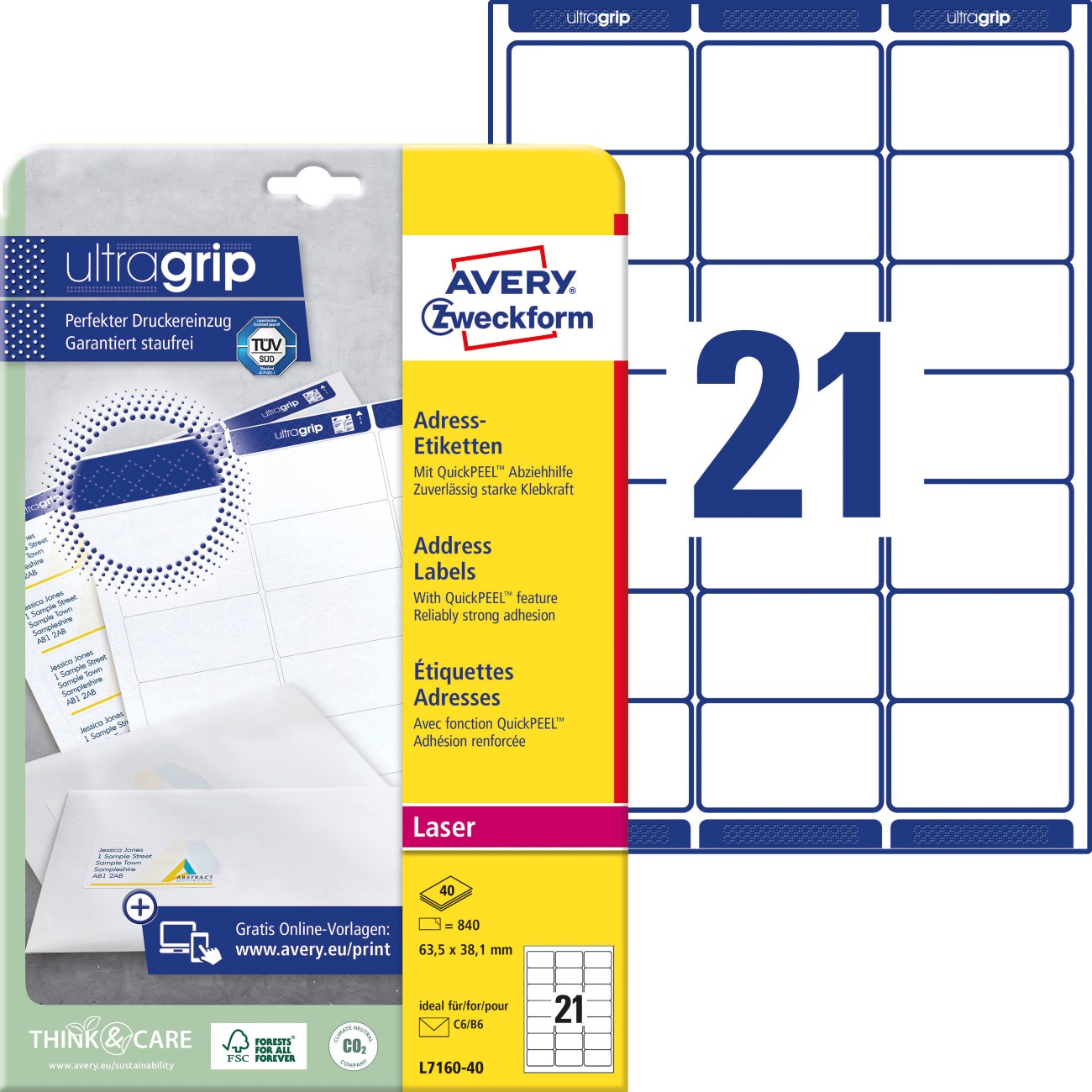 Avery Zweckform Ultragrip Address Labels L7160-40 Adhesive A4 White 6.35 X 3.81 Cm 40 Sheets Of 21 Labels