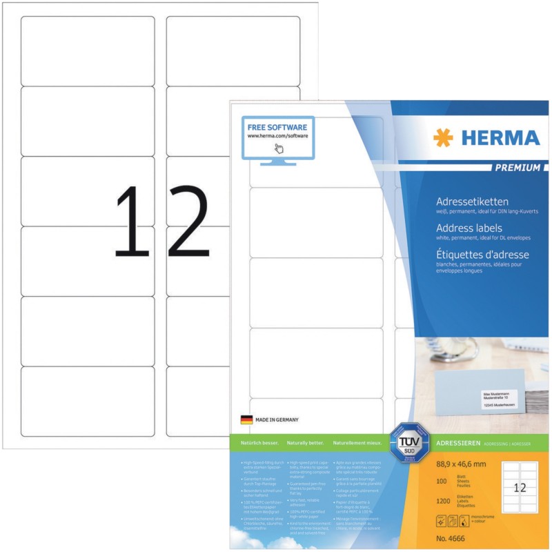 HERMA Adressetiketten 4666 Weiß DIN A4 88,9 x 46,6 mm 100 Blatt à 12 Etiketten