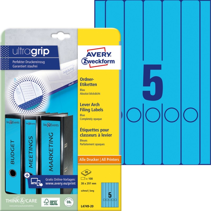 Thumbnail - AVERY Zweckform L4749-20 Ordneretiketten DIN A4 Blau 38 x 297 mm 20 Stück à 5 Etiketten