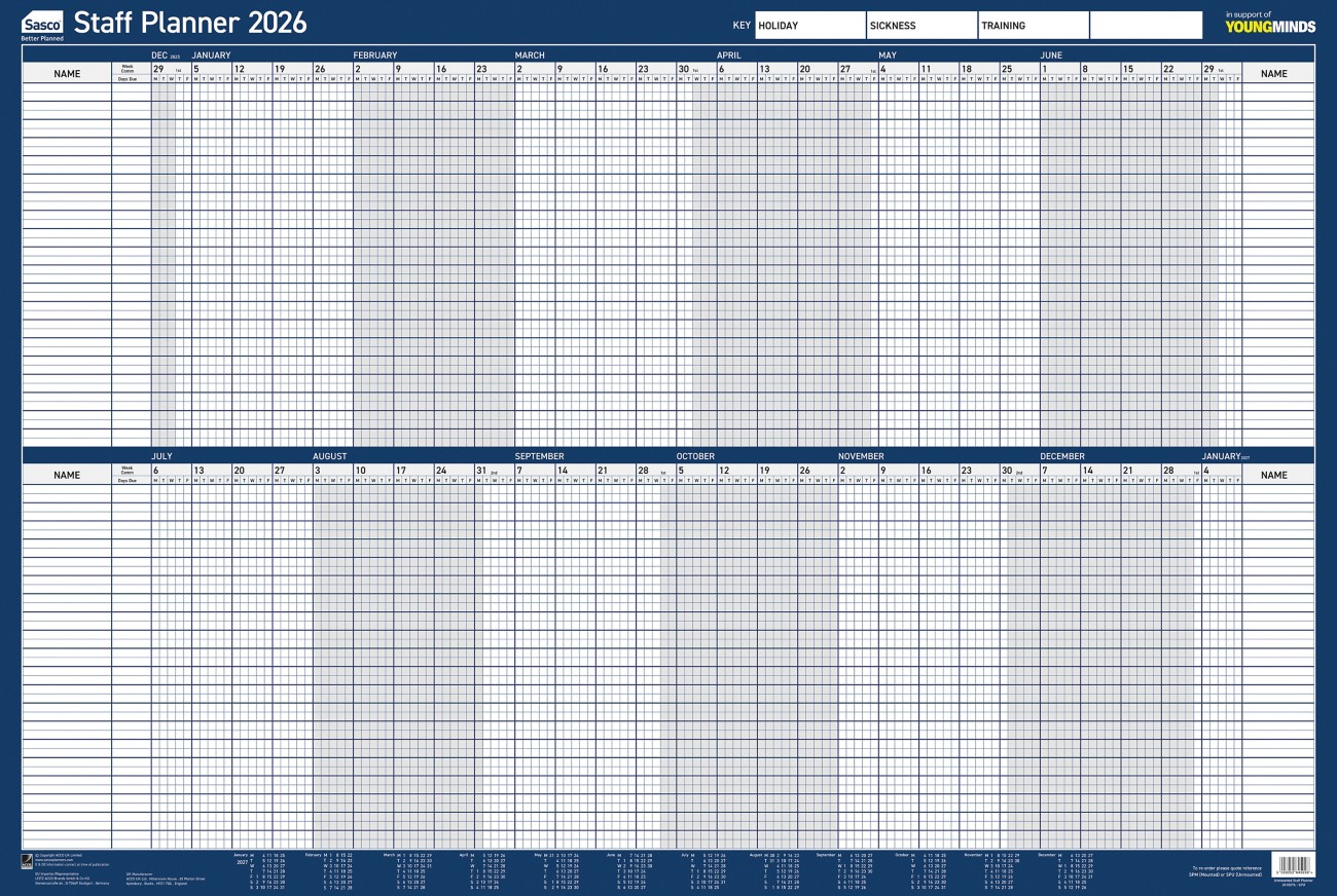 Sasco Staff Wall Planner 2027 English 91.5 (W) X 61 (H) Cm Blue