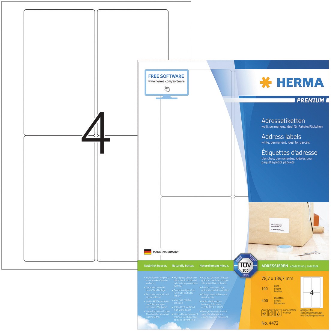 HERMA Adressetiketten 4472 Weiß DIN A4 78,7 x 139,7 mm 100 Blatt à 4 Etiketten