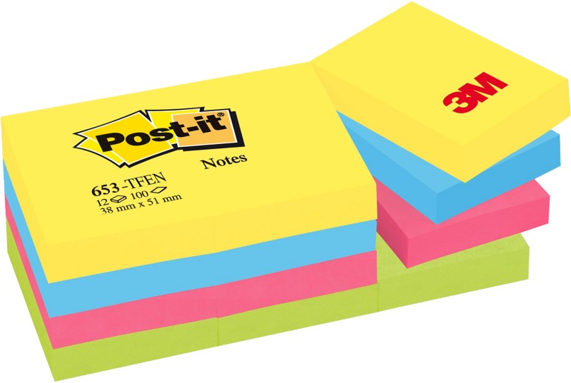 Post-it Sticky Notes 38 x 51 mm Energetic Assorted Colours 12 Pads of 100 Sheets
