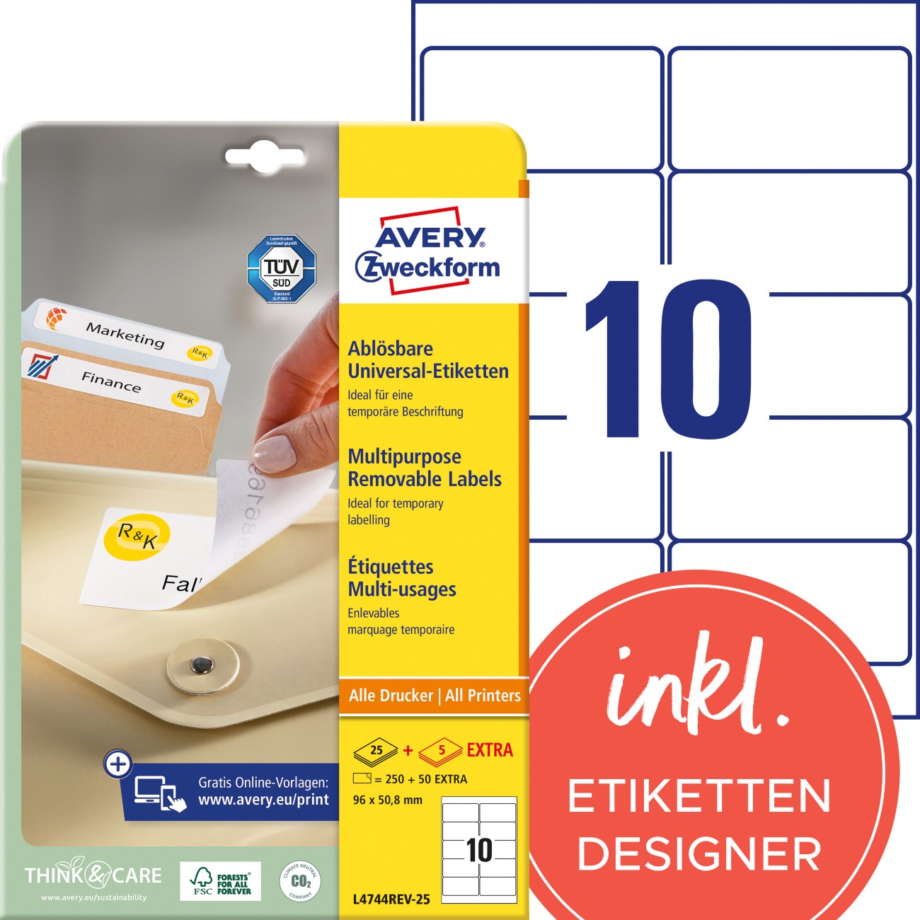 AVERY Zweckform Wiederablösbare Etiketten L4744REV-25 Weiß 96 x 50,8 mm 30 Blatt à 10 Etiketten