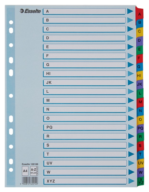 Esselte Mylar Register 100166 DIN A4 Mit verstärkten Taben Mehrfarbig 20-teilig 11 Löcher 160 g/m² Karton A bis Z