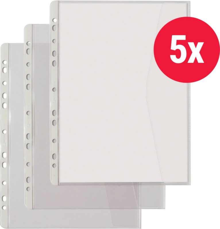Thumbnail - Hetzel Prospekthüllen DIN A4+ Genarbt Transparent 140 Mikron PVC (Polyvinylchlorid) Öffnung rechts 11 Löcher 5 Stück