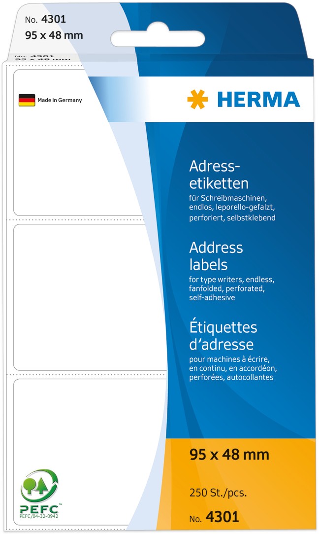 Thumbnail - HERMA Adressetiketten 4301 Weiß Selbstklebend 95 x 48 mm 250 Stück