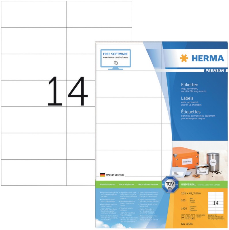 HERMA Universaletiketten 4674 Weiß DIN A4 105 x 42,3 mm 100 Blatt à 14 Etiketten