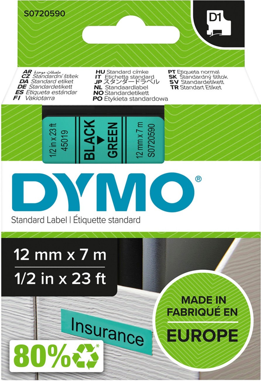 Dymo D1 S0720590 / 45019 Authentic Schriftband Selbstklebend Schwarzer Druck auf Green 12 mm x 7m