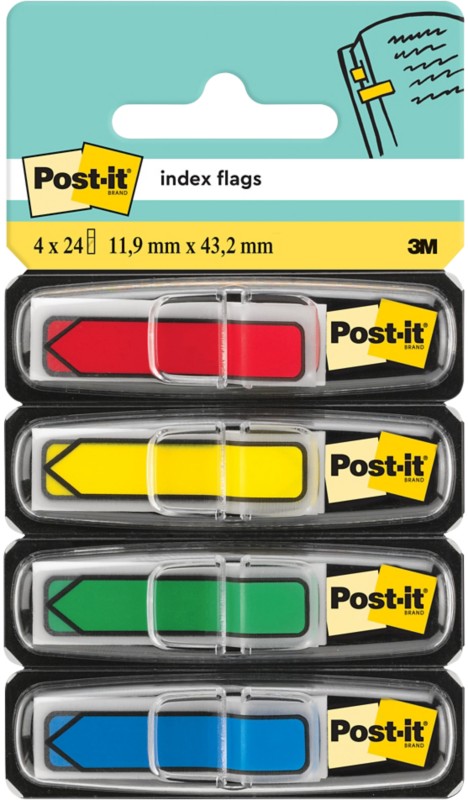 Thumbnail - Post-it Index Haftstreifen Pfeil 1,19 x 4,32 cm Farbig sortiert 4 Stück à 24 Streifen