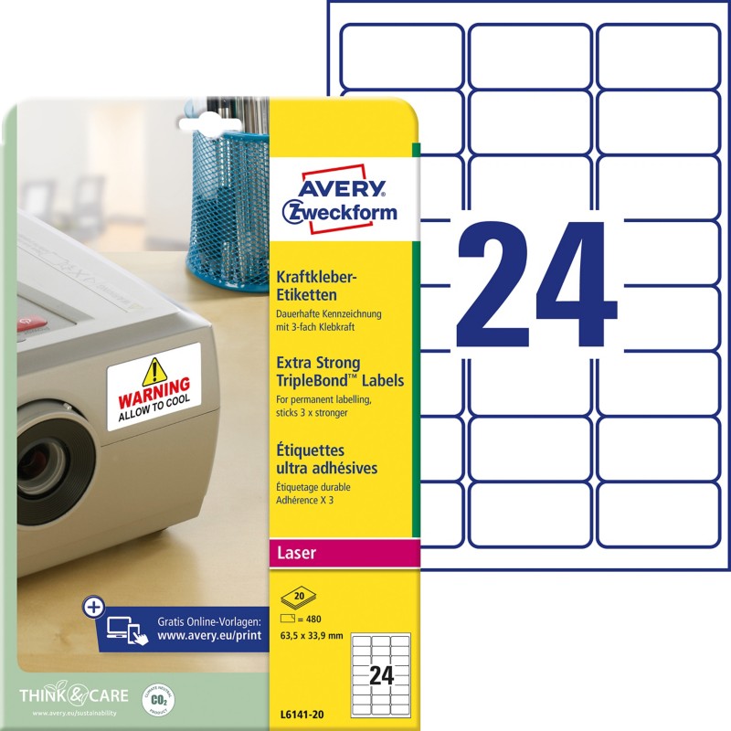 AVERY Zweckform L6141-20 Wetterfeste Etiketten DIN A4 Weiß 63,5 x 33,9 mm 20 Blatt à 24 Etiketten