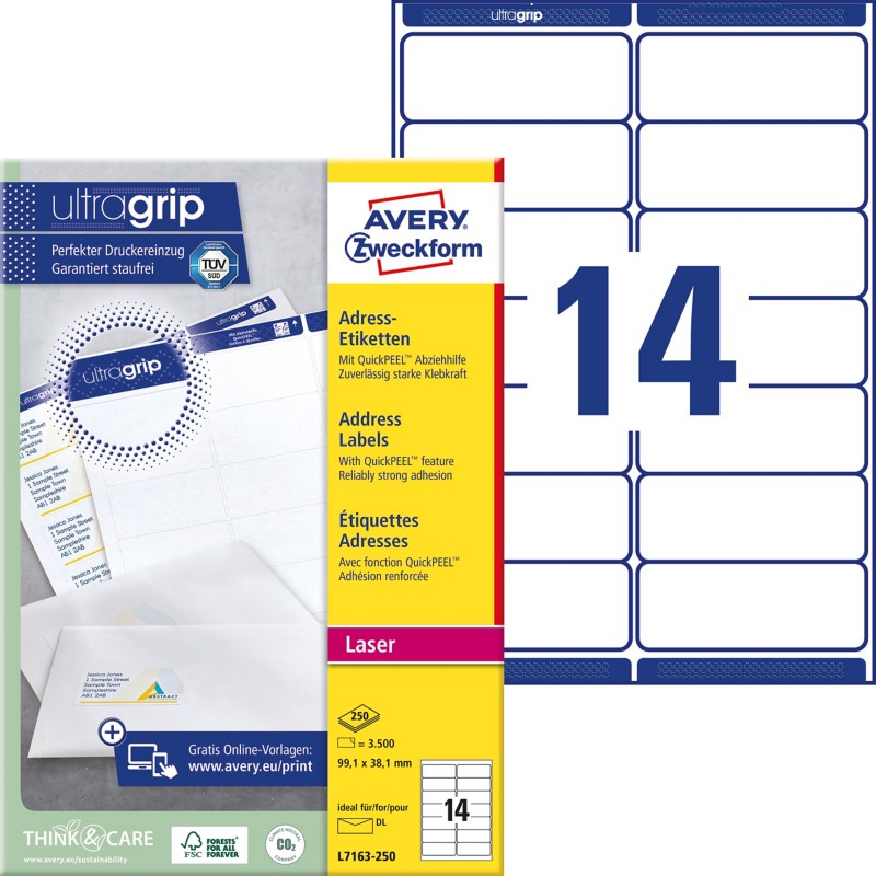 AVERY Zweckform Abziehhilfe QuickPEEL,ultragrip Adressetiketten L7163-250 Selbsthaftend DIN A4 Weiß 99,1 x 38,1 mm 250 B...