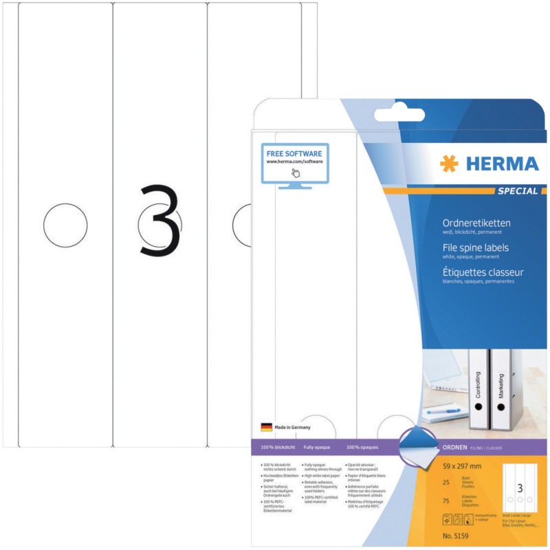 Thumbnail - HERMA Ordneretiketten 5159 Weiß DIN A4 59 x 297 mm 25 Blatt à 3 Etiketten