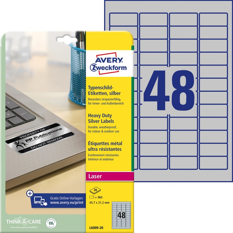 Thumbnail - AVERY Zweckform Typenschildetiketten L6009-20 Selbsthaftend DIN A4 Silber 45,7 x 21,2 mm 20 Blatt à 48 Etiketten