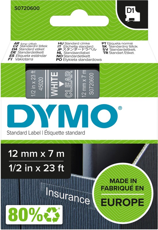 Dymo D1 S0720600 / 45020 Authentic Schriftband Selbstklebend Weißer Druck auf Transparent 12 mm x 7m