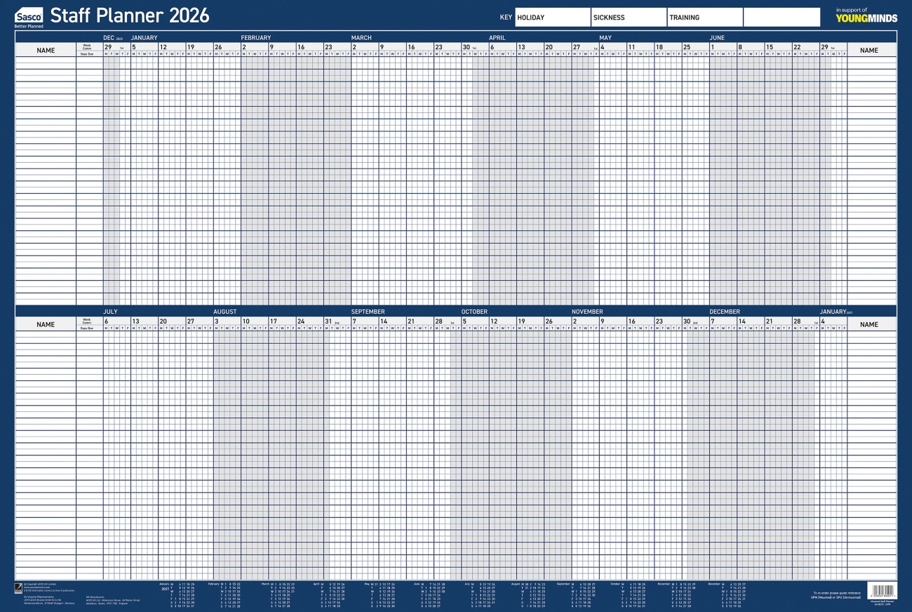 Sasco Staff Mounted Planner 2027 English 91.5 (W) X 61 (H) Cm Blue