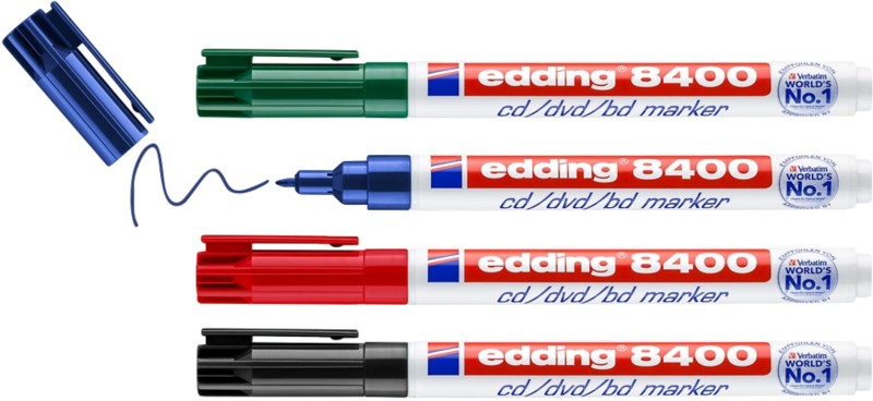 Thumbnail - edding 8400 CD/DVD-Marker Extra Fein Rundspitze 0,5 - 1 mm Farbig sortiert Wasserbeständig 4 Stück