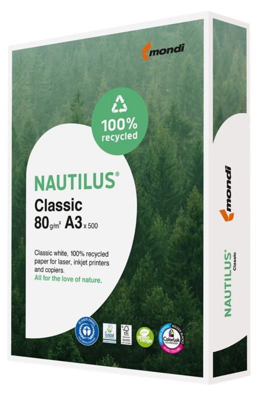 Nautilus Classic DIN A3 Druckerpapier Recycelt 100% 80 g/m² Milchglas Weiß 500 Blatt