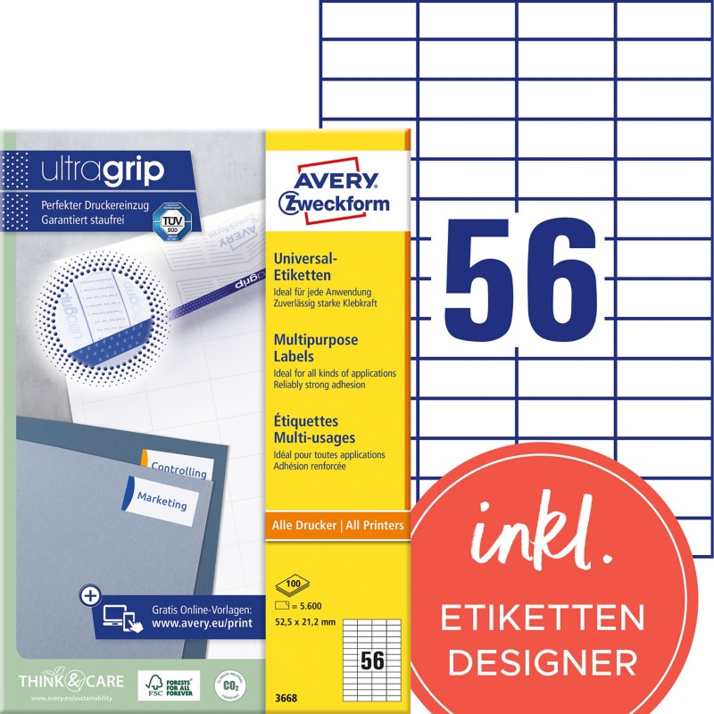 AVERY Zweckform ultragrip Universaletiketten 3668 Selbsthaftend DIN A4 Weiß 52,5 x 21,2 mm 100 Blatt à 56 Etiketten
