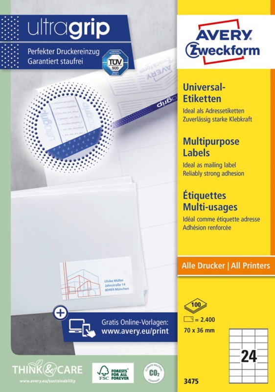 Thumbnail - AVERY Zweckform ultragrip Universaletiketten 3475 Selbsthaftend DIN A4 Weiß 70 x 36 mm 100 Blatt à 24 Etiketten