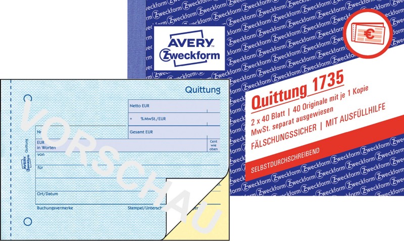AVERY Zweckform Quittungsformulare 1735 DIN A6 quer Perforiert N/A 40 Blatt
