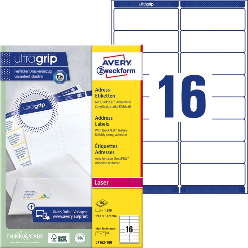 AVERY Zweckform Abziehhilfe QuickPEEL, ultragrip Adressetiketten L7162-100 Selbsthaftend DIN A4 Weiß 99,1 x 33,9 mm 100 ...