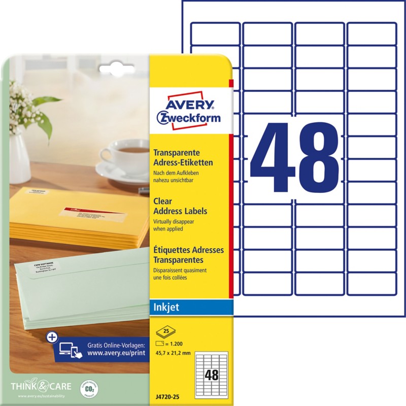 AVERY Zweckform Abziehhilfe QuickPEEL Adressetiketten J4720-25 Selbsthaftend DIN A4 Transparent 45,7 x 21,2 mm 25 Blatt ...