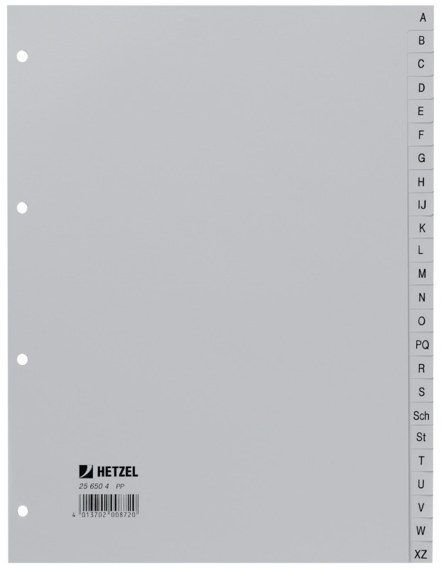 Hetzel A - Z Alphabetische Register DIN A4 Grau 24-teilig PP (Polypropylen) 4 Löcher 256504