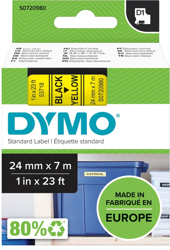 Dymo D1 S0720980 / 53718 Authentic Schriftband Selbstklebend Schwarzer Druck auf Gelb 24 mm x 7m