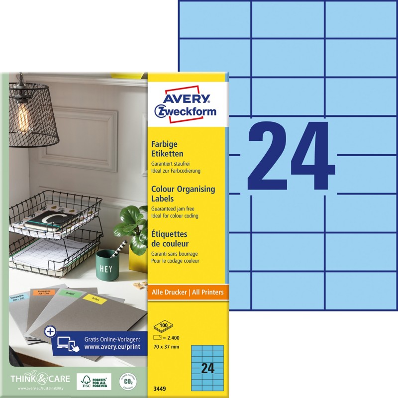 Thumbnail - AVERY Zweckform Adressetiketten 3449 Blau 70 x 37 mm 100 Blatt à 24 Etiketten