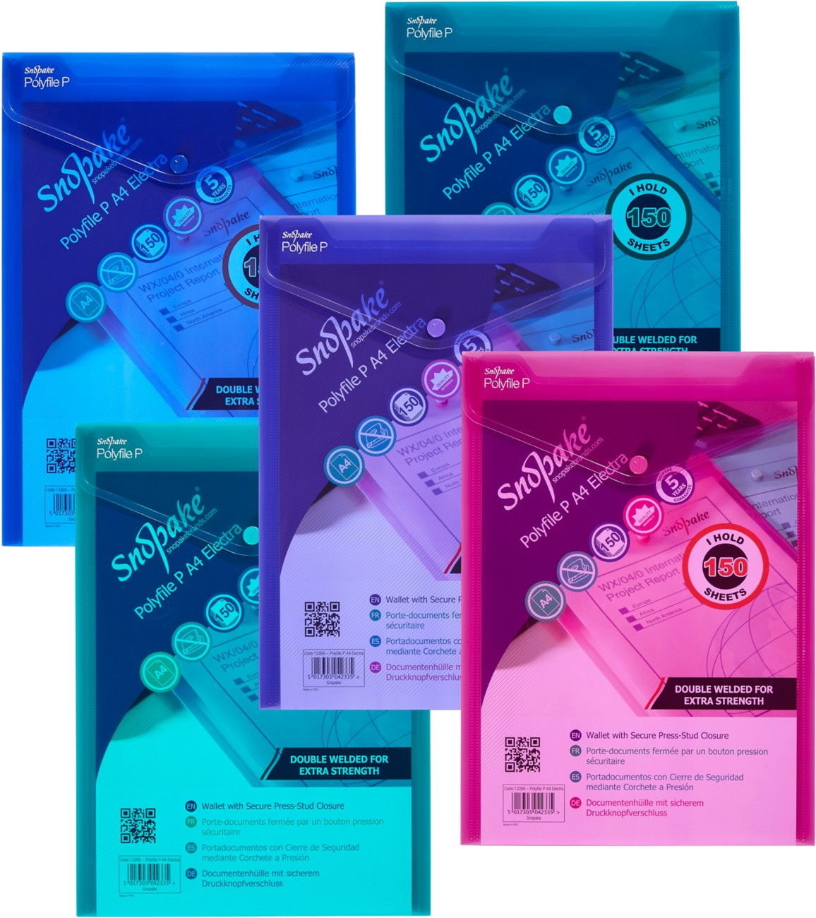 Snopake Polyfile Document Wallet Electra A4 Pp (Polypropylene) Portrait 24.5 (W) X 33.5 (H) Cm Assorted Pack Of 5