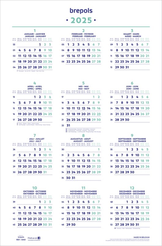 Brepols Wandplaner 2026 1 Jahr / 1 Seite Deutsch, Englisch, Französisch, Niederländisch 60,5 (B) x 0,1 (T) x 40 (H) cm W...