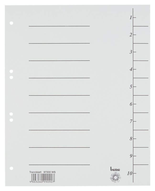 Bene 1 bis 10 Trennblätter DIN A4 Weiß 10-teilig Pappkarton 6 Löcher 97300WS 100 Stück