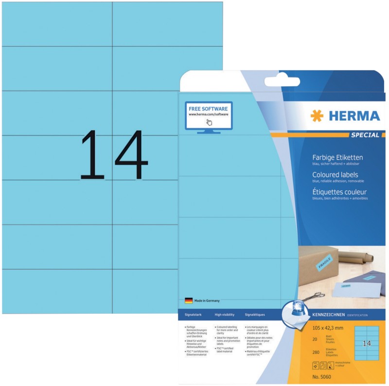 Thumbnail - HERMA 5060 Multifunktionsetiketten SuperPrint DIN A4 Blau 105 x 42,3 mm Rechteckig 280 Etiketten pro Packung