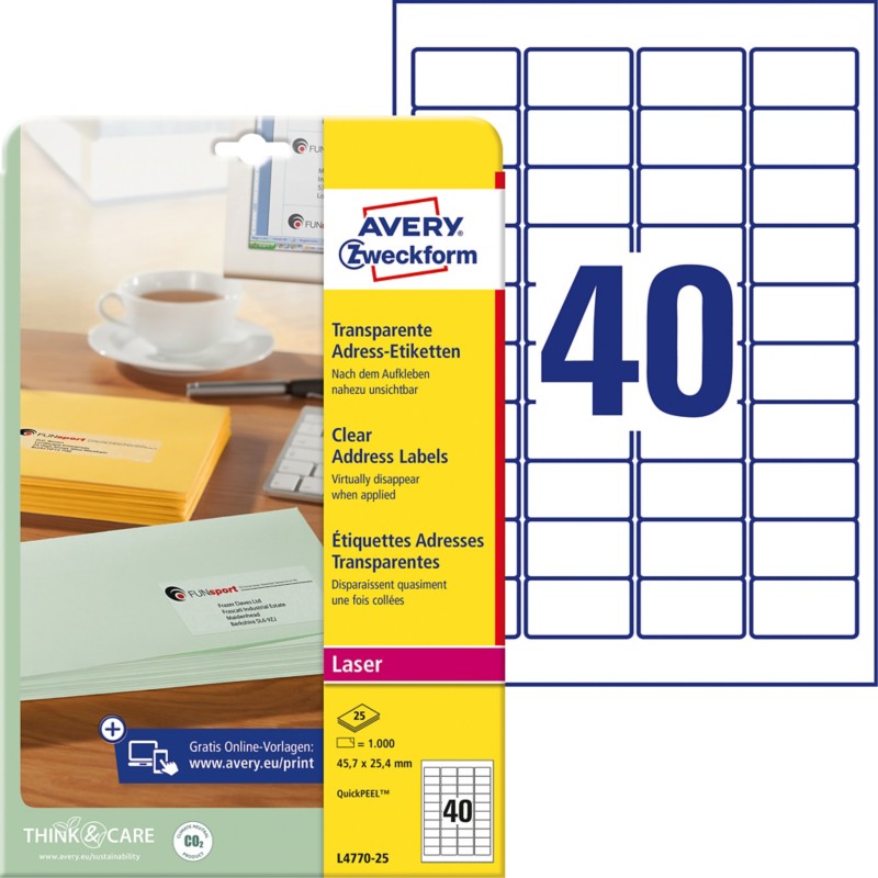 AVERY Zweckform Abziehhilfe QuickPEEL Wasserabweisend Adressetiketten L4770-25 Selbsthaftend DIN A4 Transparent 45,7 x 2...