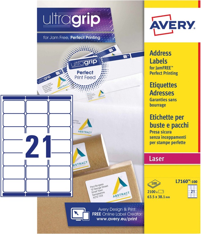 AVERY Zweckform Abziehhilfe QuickPEEL,ultragrip Adressetiketten L7160-100 haftend DIN A4 Weiß 63,5 x 38,1 mm 100 Blatt à...