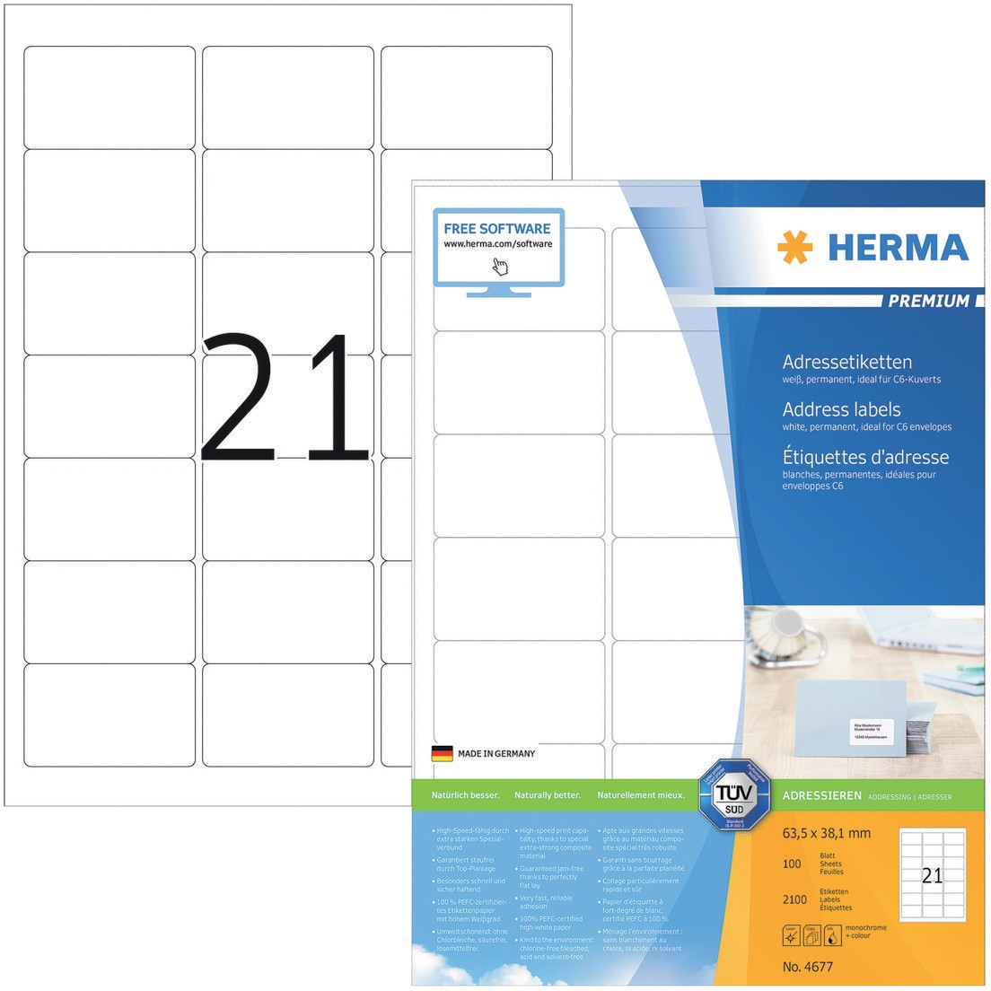 Thumbnail - HERMA Adressetiketten 4677 Weiß DIN A4 63,5 x 38,1 mm 100 Blatt à 21 Etiketten