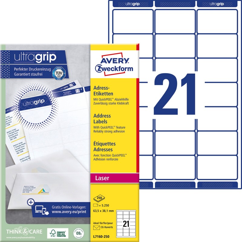 AVERY Zweckform Abziehhilfe QuickPEEL,ultragrip Adressetiketten L7160-250 Selbsthaftend DIN A4 Weiß 63,5 x 38,1 mm 250 B...