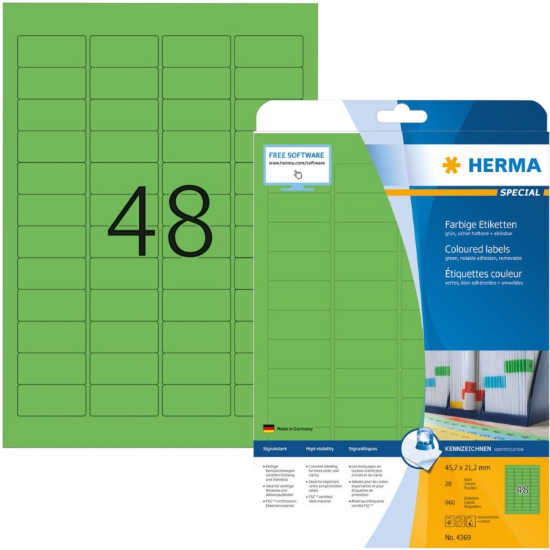 HERMA Etiketten FARBIG A4 4369 Grün DIN A4 4,57 x 2,12 cm 20 Blatt à 48 Etiketten