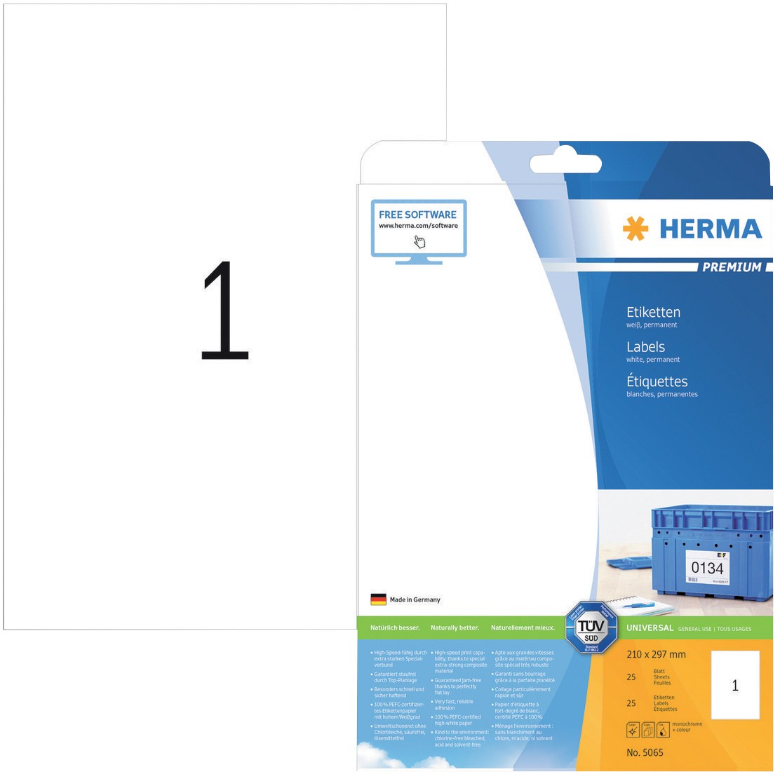 HERMA Universaletiketten 5065 Weiß DIN A4 210 x 297 mm 25 Blatt à 1 Etiketten 4650849