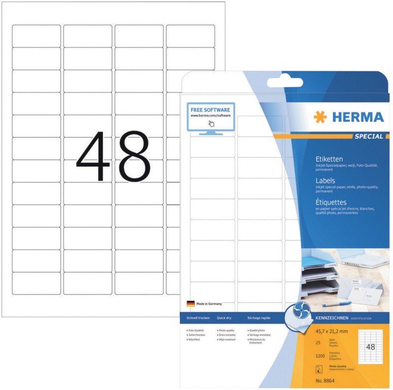 Thumbnail - HERMA Inkjetetiketten 8864 Weiß DIN A4 45,7 x 21,2 mm 25 Blatt à 48 Etiketten