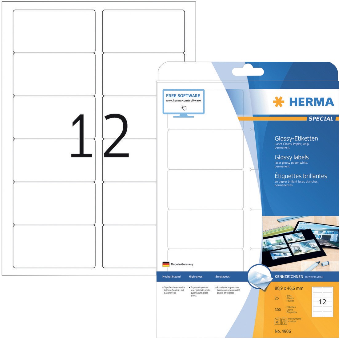 HERMA Laseretiketten 4906 Weiß Rechteckig 300 Etiketten pro Packung