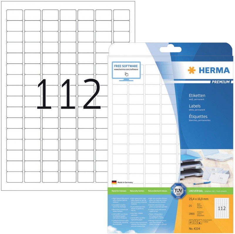 Thumbnail - HERMA Universaletiketten 4334 Weiß DIN A4 25,4 x 16,9 mm 25 Blatt à 112 Etiketten