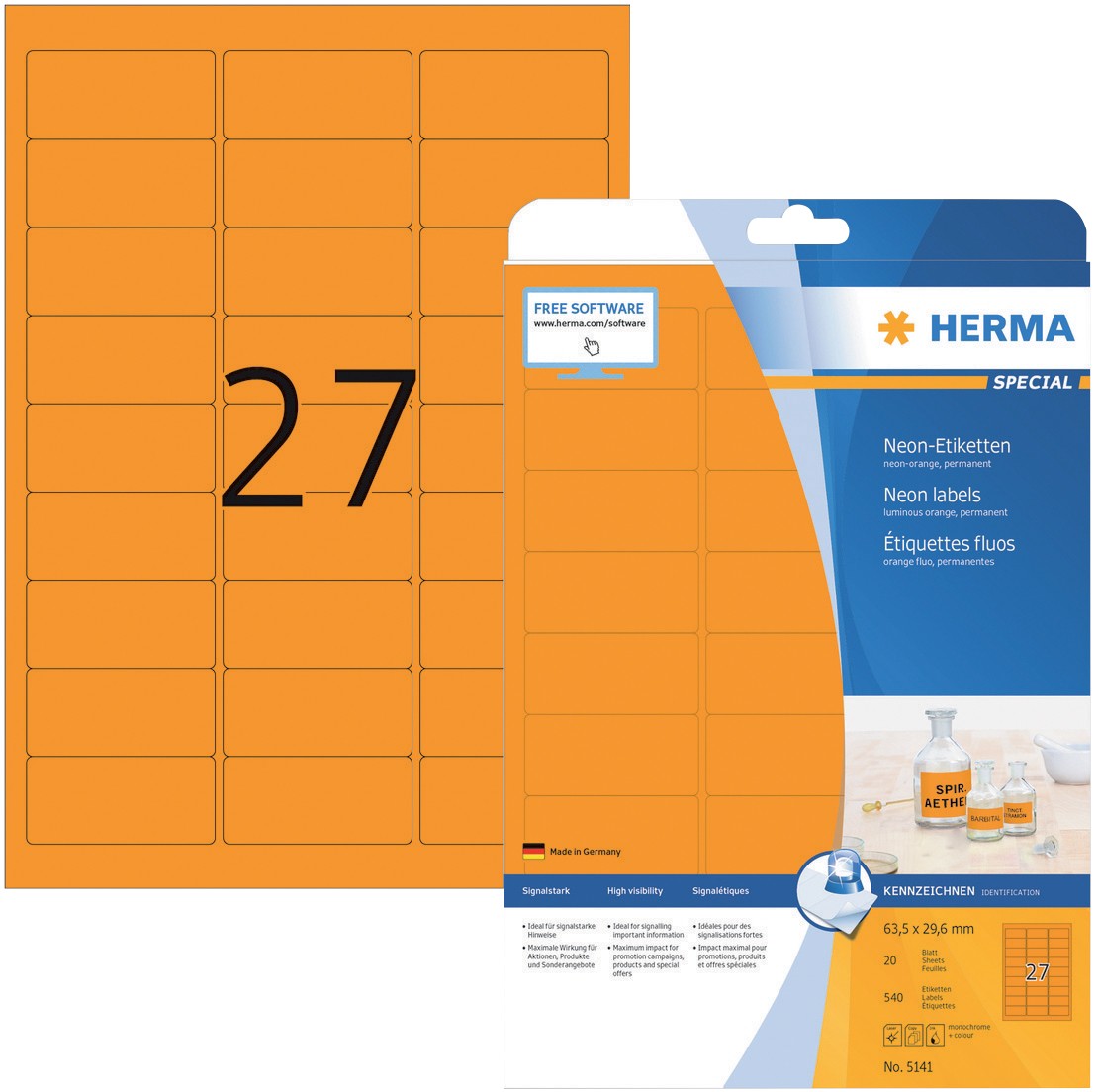 Thumbnail - HERMA Farbige Etiketten 5141 Orange Rechteckig DIN A4 63,5 x 29,6 mm 540 Etiketten pro Packung